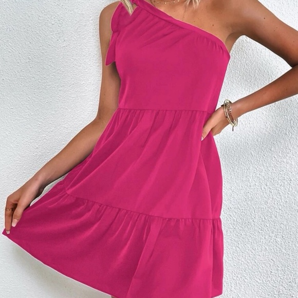 SHEIN Dresses & Skirts - Pink one shoulder knot side ruffle dress